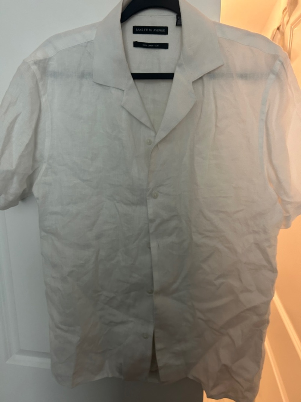 Saks Fifth Avenue White Short-Sleeve Camp Collar Button Shirt Mens Medium